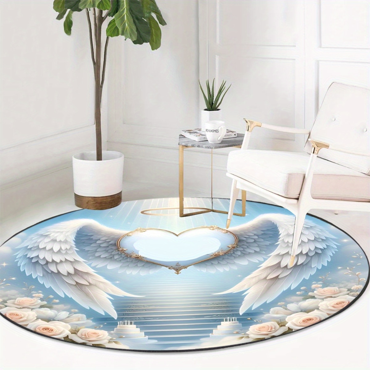 Wholesale Commercial Printing - Hemelswitte engelenvleugels roze roos rond vloerkleed